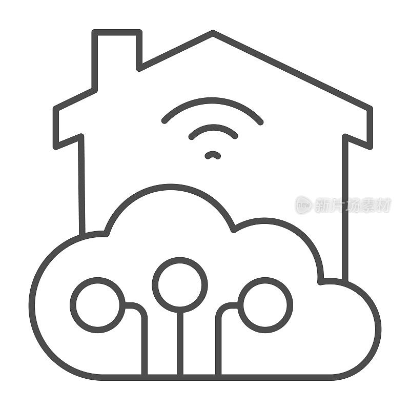Wifi房屋和云与连接细线图标，智能家居概念，技术矢量标志在白色背景，Wi - fi远程控制图标轮廓风格的移动和web。矢量图形。